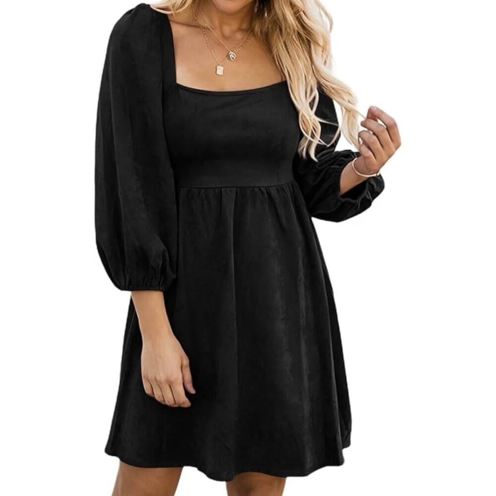 Black Babydoll Dress Small Faux Suede Square Neck High Waist 3/4 Sleeve Boho NWT